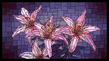 Vitray penceresinde çiçek açan pembe zambak çiçekleriyle vektör yatay mozaiği.