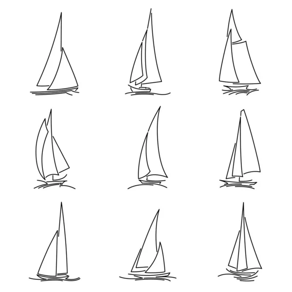 Set Simple Vector Images Sailing Yachts Triangular Sails Waves Drawn — Stock Vector