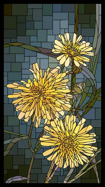 垂直玻璃窗中的矢形垂直角花序 开黄色蒲公英花 — 图库矢量图片