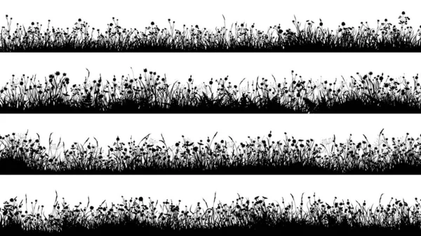 Set Horizontal Banners Silhouettes Flowering Meadow Short Grass Many Flowers — Stock Vector