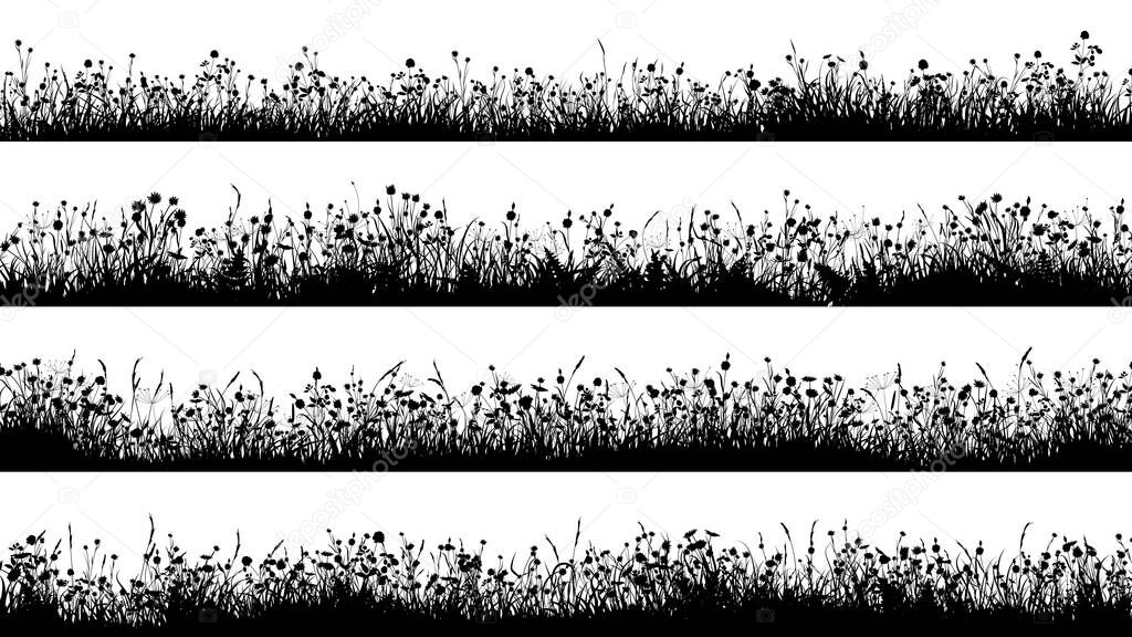 Set of horizontal banners with silhouettes of flowering meadow with short grass and many flowers.