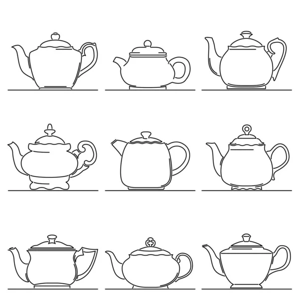 Set Flat Design Vector Images Vintage Teapot Drawn Art Line Stock Vector