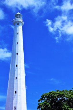 beyaz deniz feneri ve açık mavi gökyüzü