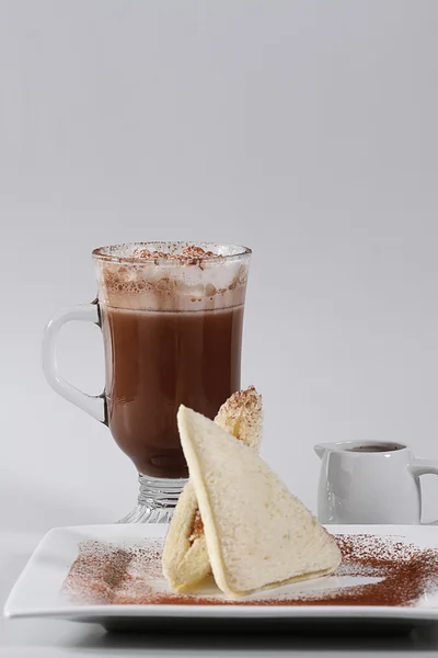 Hot chocolate and sandwich,isolated white background — Stock Photo, Image