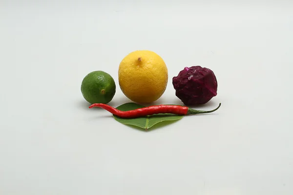 Orange,lemon,chili and red cabbage, isolated on white background — Stock Photo, Image