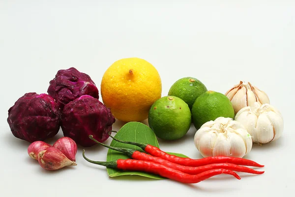Orange,lemon,chili and red cabbage, isolated on white background — Stock Photo, Image