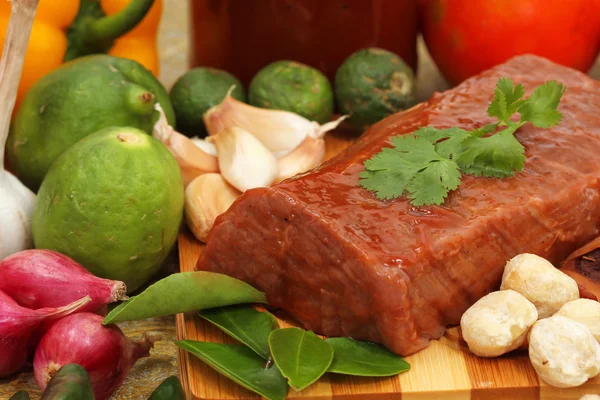 Marinated beef meat and spices — Stock Photo, Image