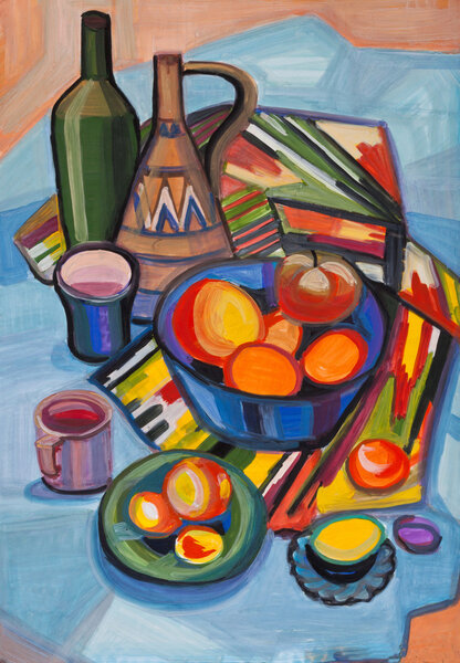 Still life with fruit in a vase and on plates
