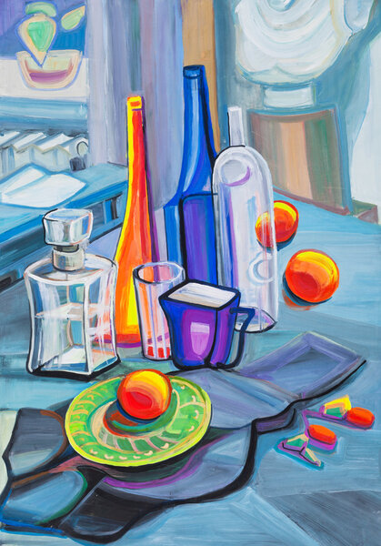 Still life with a dark blue bottle