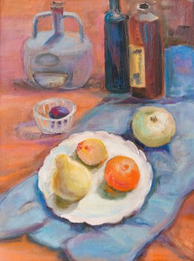 şişe ve meyve ile natürmort
