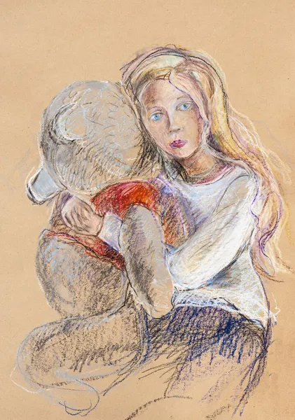 Young Girl Toy Bear Painting Oil Pastel — Stock Photo, Image