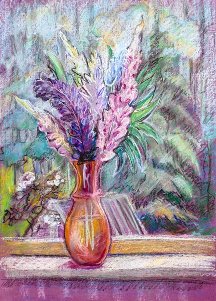 Journée Été Bouquet Lupins Dans Vase Verre Sur Rebord Fenêtre — Photo
