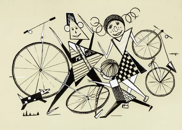 10代の子供と小さな犬が自転車で絵を描いています — ストック写真