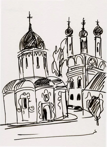 Boceto Instantáneo Iglesia Monasterio Moscú Blanco Negro —  Fotos de Stock