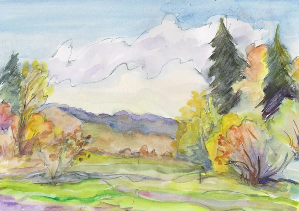 Panorama Low Hills Autumn Watercolor Picture — Stock Photo, Image