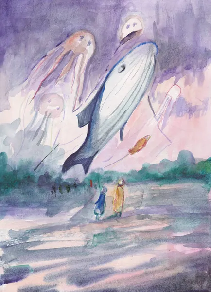 Μπαλόνι Φάλαινα Στον Ουρανό Ακουαρέλα Ζωγραφική — Φωτογραφία Αρχείου