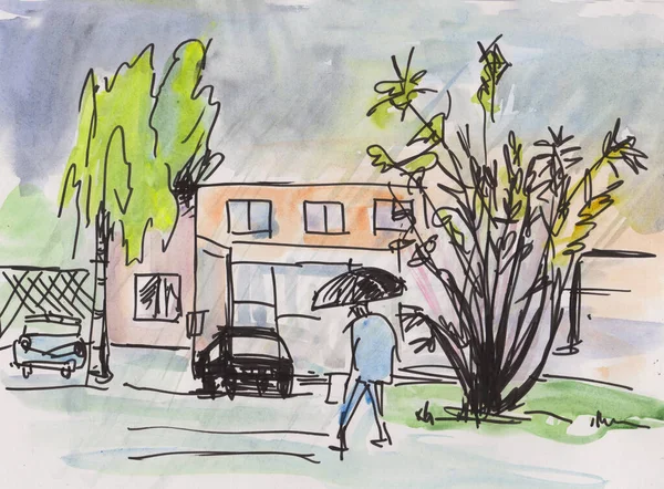 Bad Weather City Man Umbrella Watercolor Drawing — Stock Photo, Image