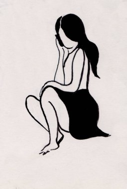 Kız yerde oturuyor ve akıllı telefonla konuşuyor, siyah beyaz çizim yapıyor.