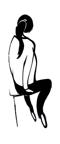 Meisje Zittend Stoel Zwart Wit Tekening — Stockfoto