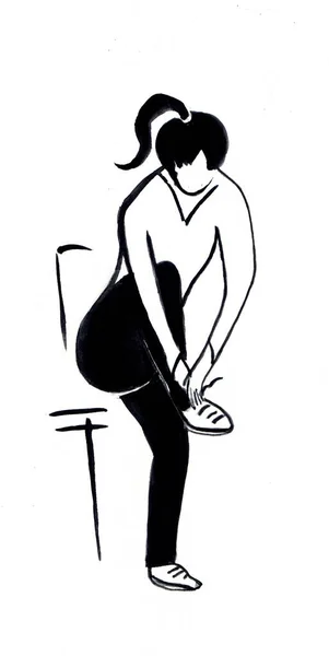 Mädchen Schnürt Turnschuhe Schwarz Weiß Zeichnung — Stockfoto