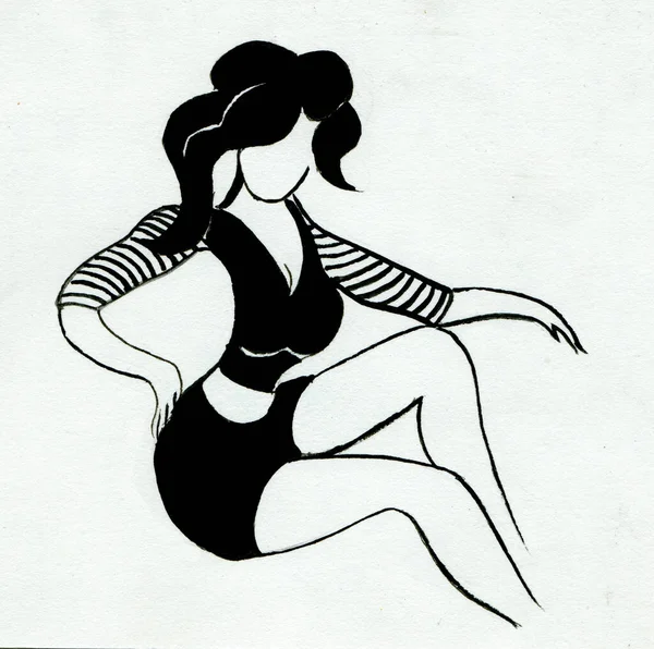 Çizgili Bluzlu Kız Siyah Beyaz Çizim — Stok fotoğraf