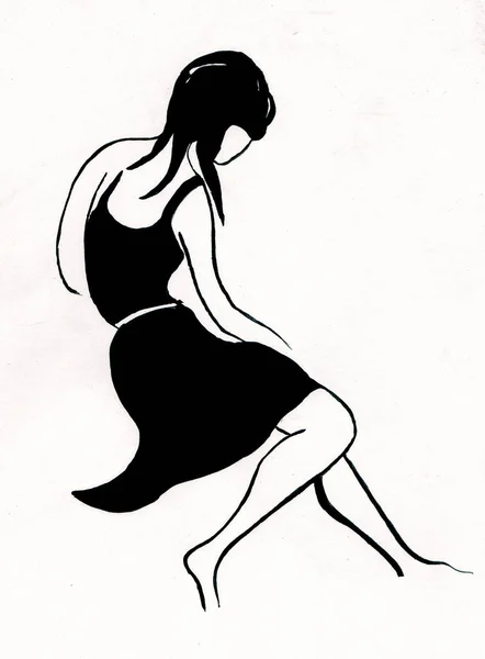 Girl Summer Black Dress Black White Drawing — Stock Photo, Image