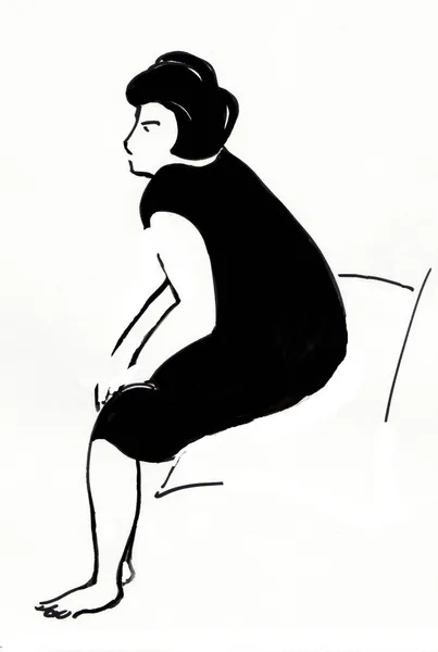 Κουρασμένη Γυναίκα Κάθεται Στον Καναπέ Ασπρόμαυρο Σχέδιο — Φωτογραφία Αρχείου