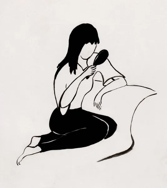 Dziewczyna Patrząca Siebie Lustrze Rysunek Czarno Biały — Zdjęcie stockowe