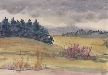 Kasım 'da alçak tepeler ve orman, suluboya resim