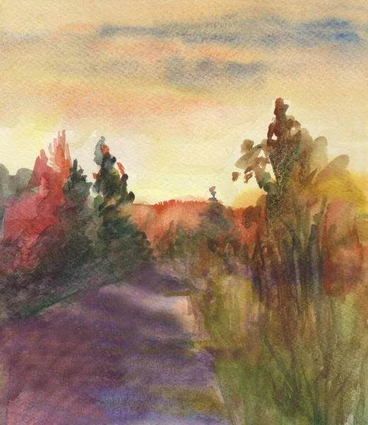 Autumn Forest Sunset Watercolor Picture — Stock Photo, Image