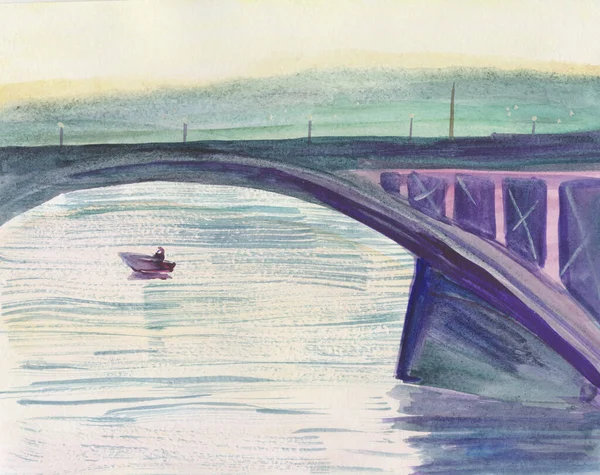 Nehrin Üzerindeki Köprü Yalnız Tekne — Stok fotoğraf