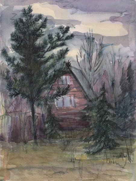 Autunm Evening Village November Watercolor Painting — Stock Photo, Image