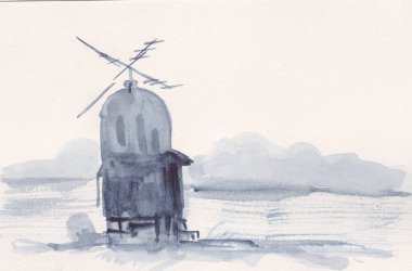 Anında çizim, nehir kıyısında değirmen.