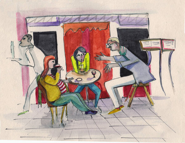 мгновенный скетч, сцена в кафе, черно-белый рисунок