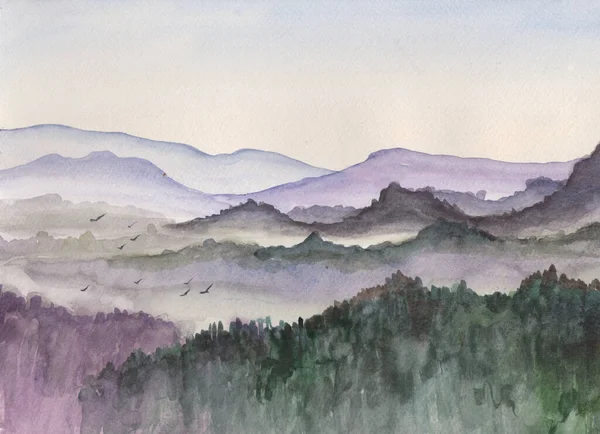 Fog in mountains and birds, watercolor painting