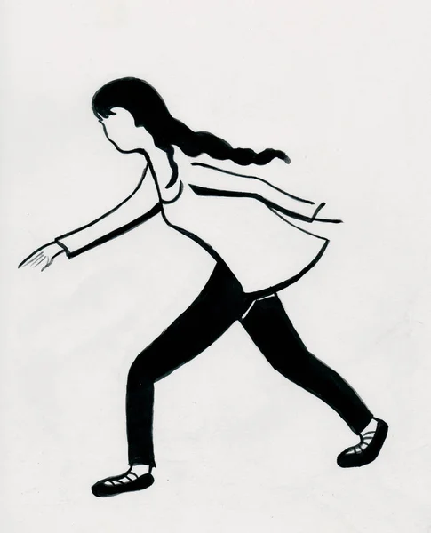 Girl Hurry Black White Drawing — Stock Photo, Image