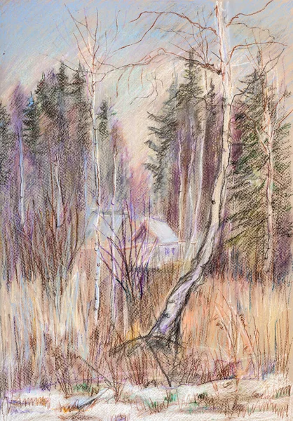 Осень Заброшенных Коттеджах Первый Снег Картина Маслом Пастель — стоковое фото