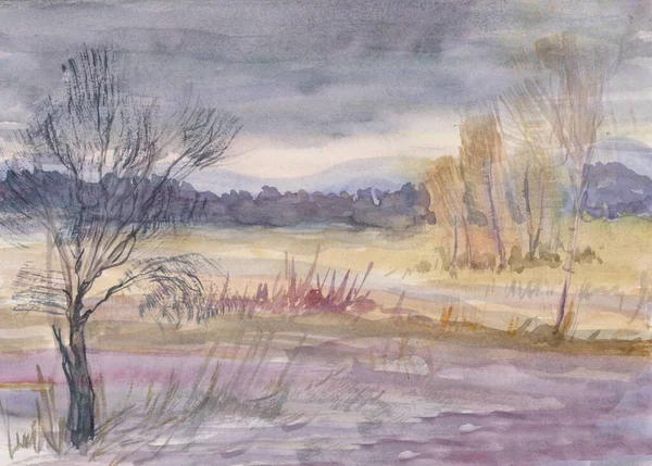 Bad Weather Autumn November Watercolor Painting — Stockfoto