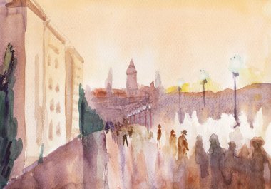 Gün batımında çeşmelerle ufuk çizgisi