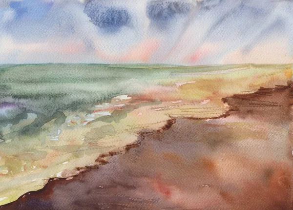 Морський Піщаний Пляж Перед Заходом Сонця Акварельний Малюнок — стокове фото