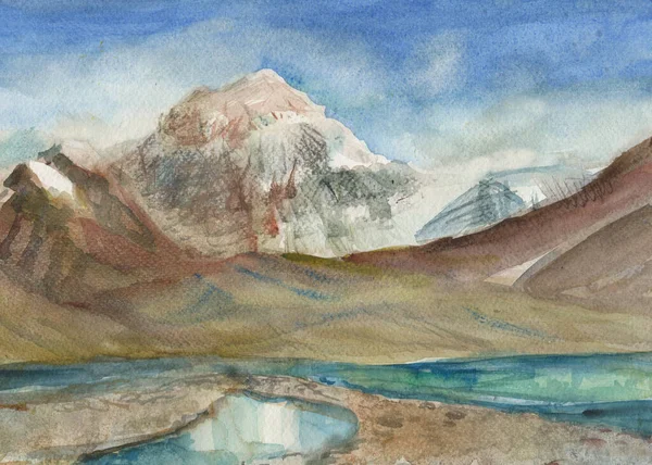 高山帕莫拉山与河流 水彩画 — 图库照片