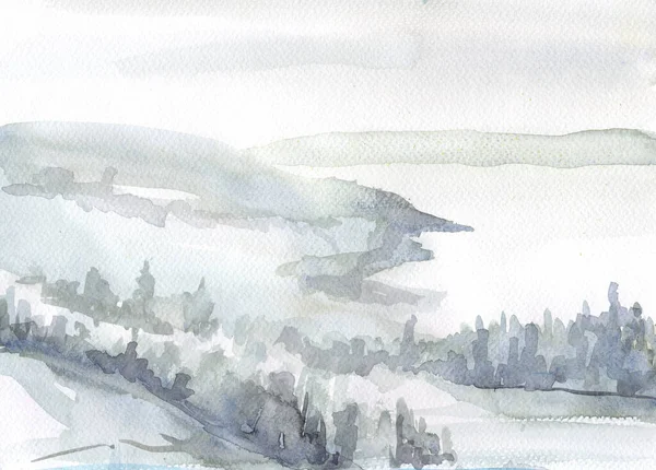 霧の多い冬の日の凍った湖への眺め — ストック写真