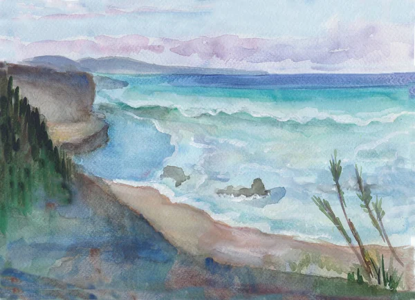 岩や石で海を描く水彩画 — ストック写真