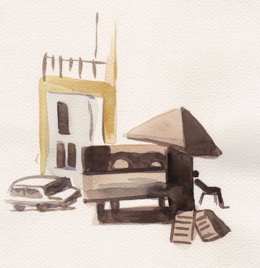 Satıcı kamyonun yanında dinleniyor, suluboya çizimler yapıyor.