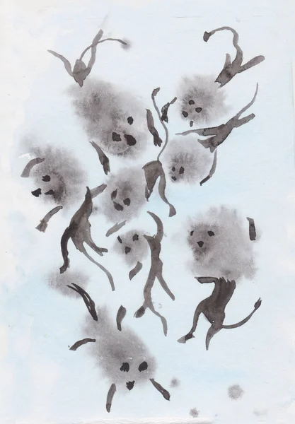 小さな猿の群れや水彩画 — ストック写真
