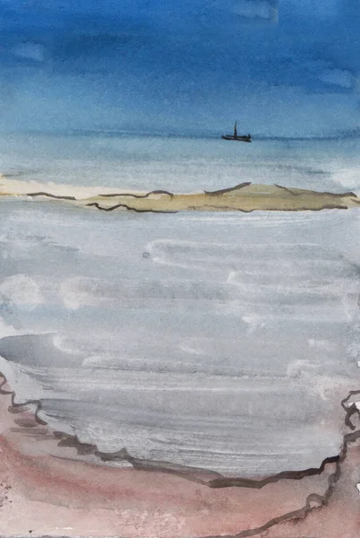 Pobřeží Moře Dálku Loď Akvarel Malba — Stock fotografie