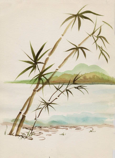 Bamboo on sea beach, watercolor picture, sumi-e