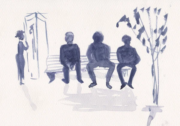 Silhouettes Men Resting Bench Watercolor — Stock Photo, Image