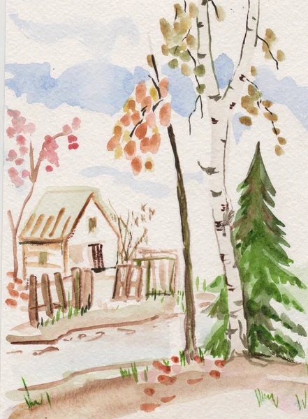 Lonely House Birch Spruce Autumn6 Sumi — Stock Photo, Image