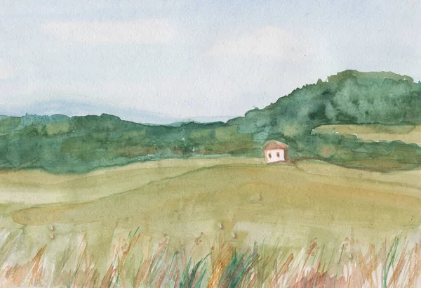 夏の水彩画の風景丘の間の孤独な家 ストック画像